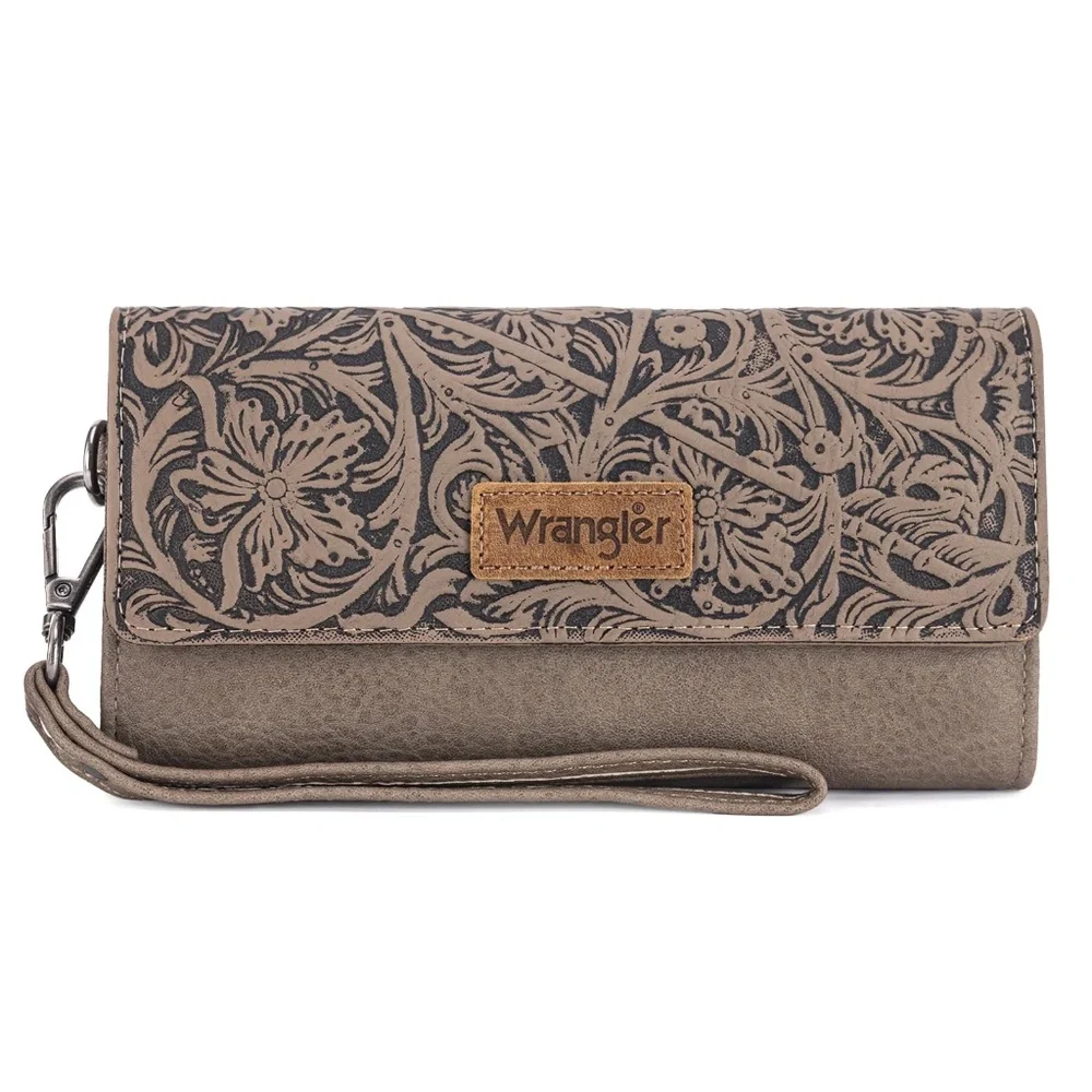 Wrangler Western Floral Tooled Tri-fold RFID Wallet/Wristlet Lime
